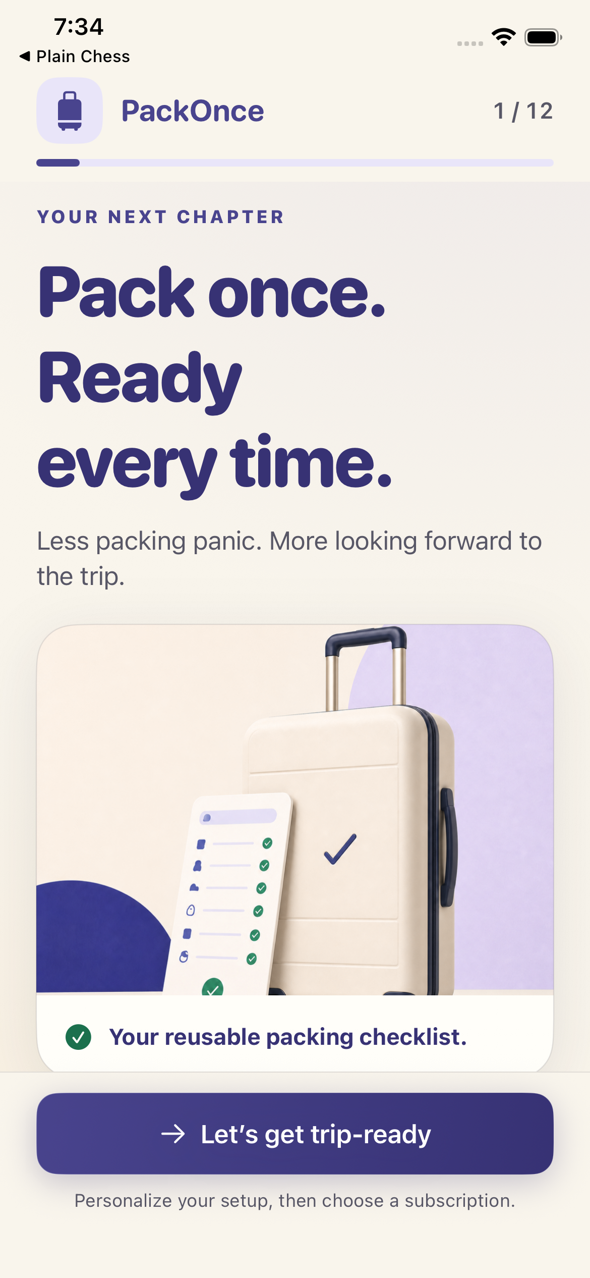 PackOnce version 1.0.8 welcome screen explaining personalized setup followed by a subscription