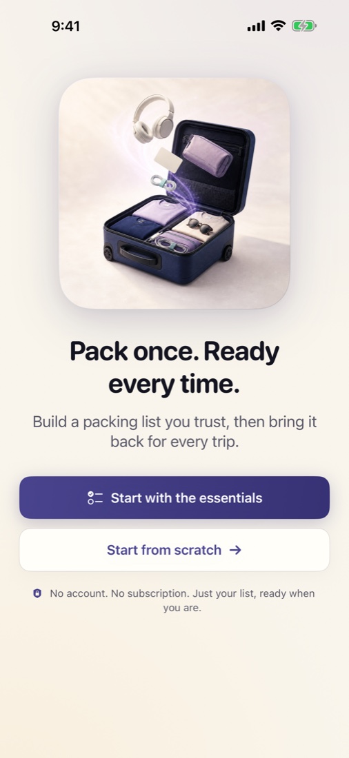 PackOnce welcome screen with a two-wheel suitcase illustration